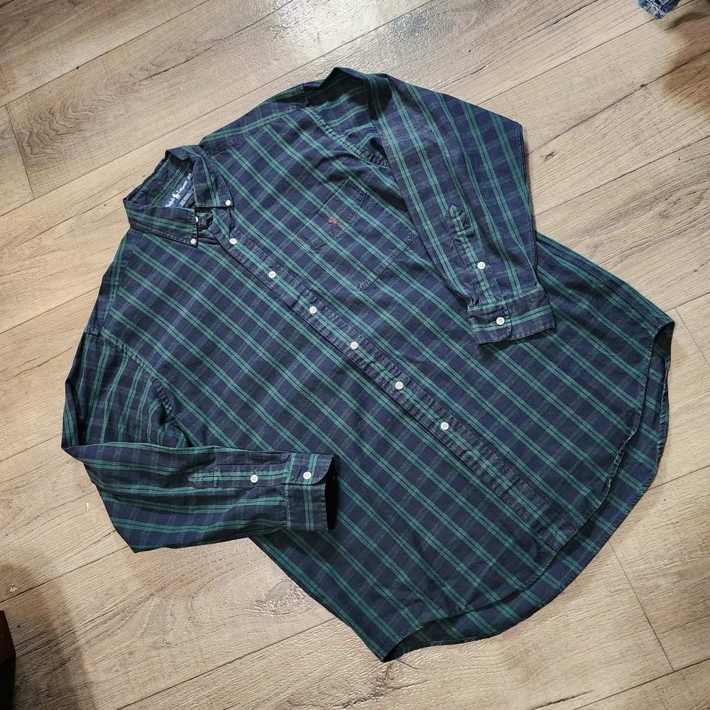 Ralph Lauren Big Shirt Mens Medium Green Navy Plaid Button Down Cotton LS